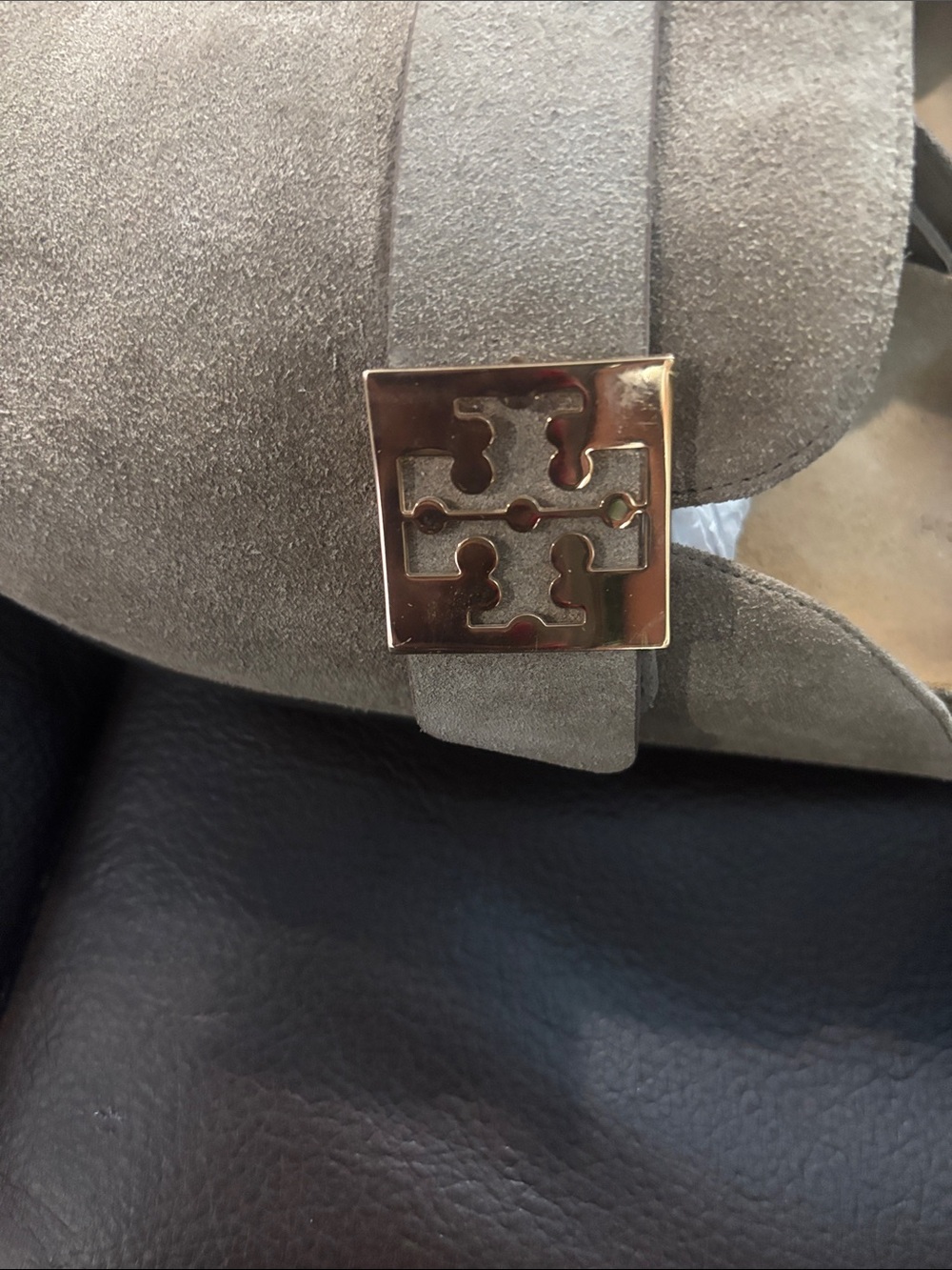 Tory Burch Taupe Suede Slide Mules with Gold Logo Accent - Picture 4 of 10